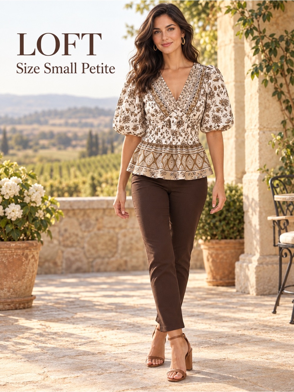 LOFT Petite Floral Paisley Smocked Peplum Puff Sleeve Blouse SP